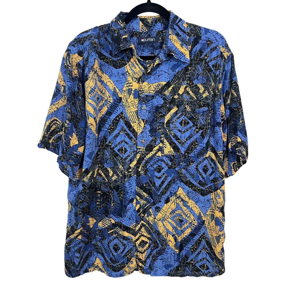 Puritan Black Blue Yellow Geometric Diamond Rayon Button Up Shirt Men’s Medium